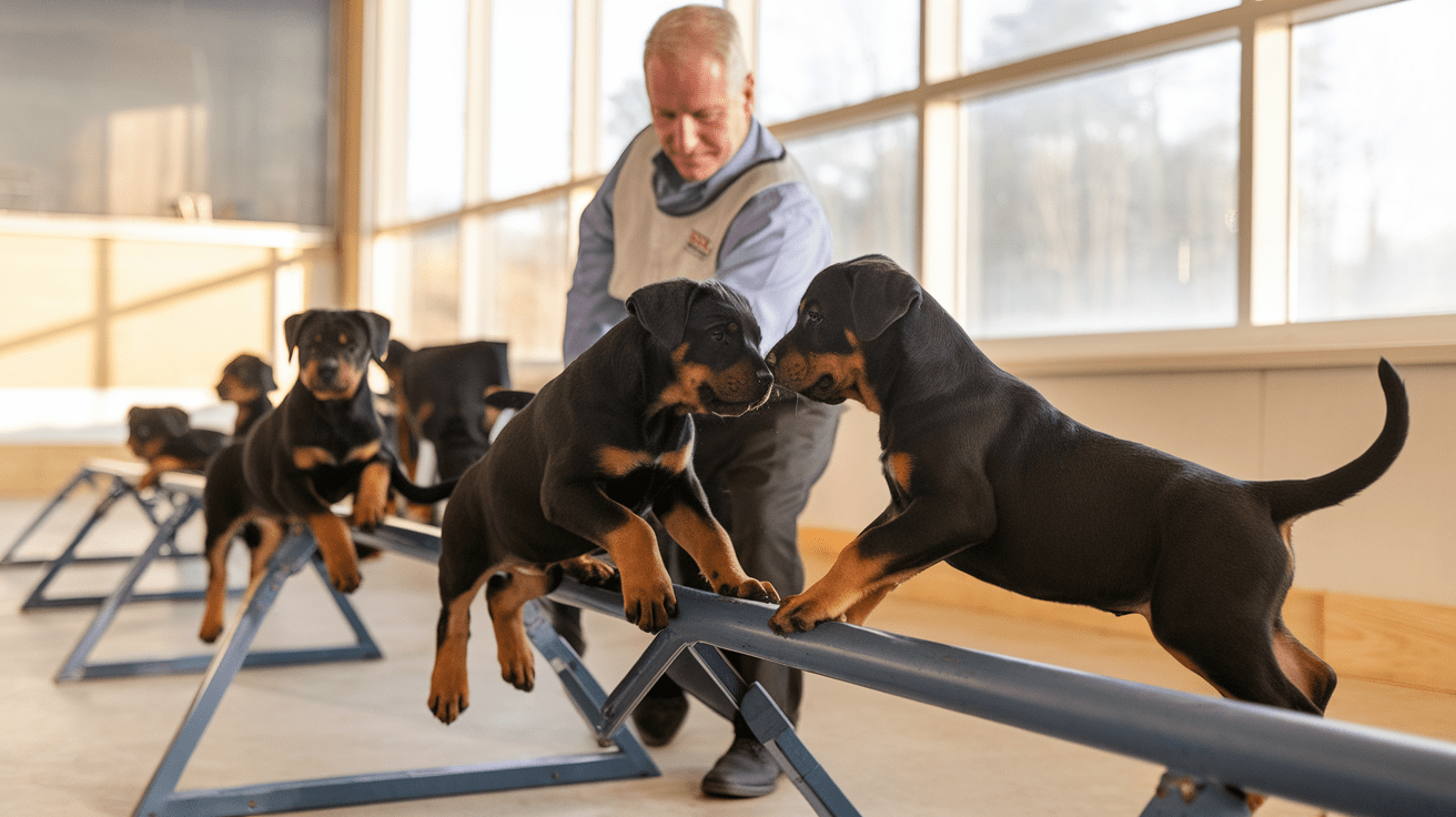 Rottweiler breeders in North Carolina showcasing well-bred puppies in a professional training facility