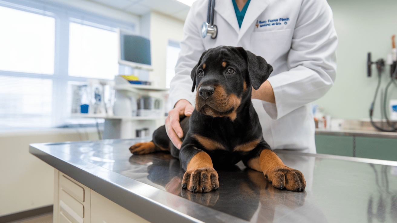 Veterinarian examining a Rottweiler puppy during a wellness check-up