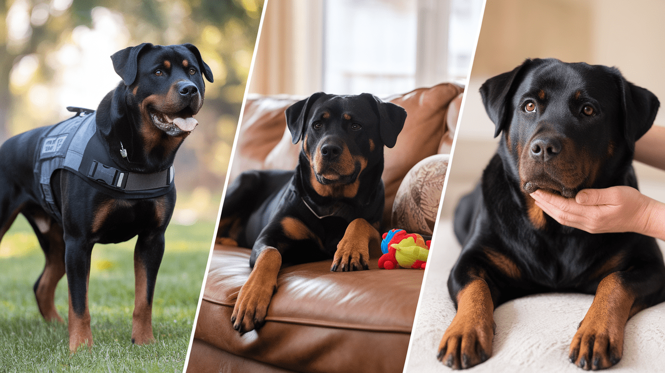 Three-panel image showing Rottweilers from different rescue backgrounds: working dog, family pet, and rehabilitation case