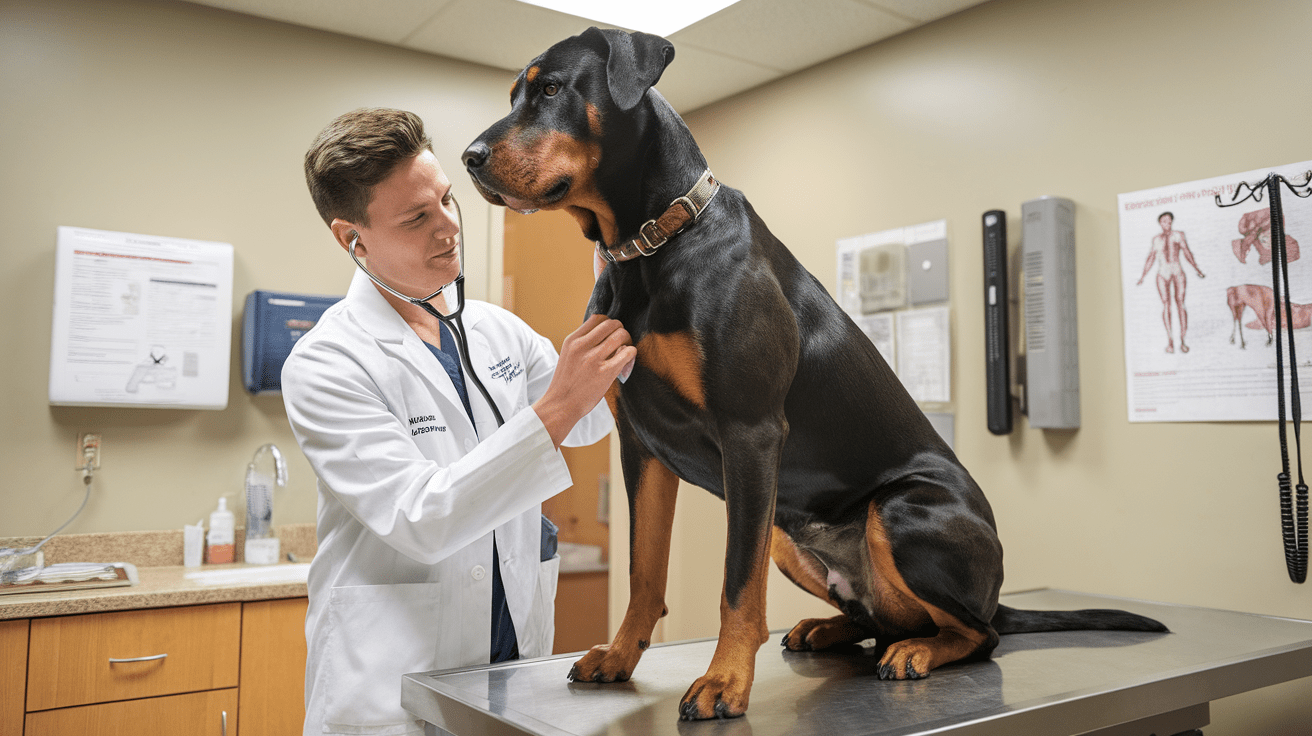 Veterinarian performing health check-up on a Rotterman dog in an examination room