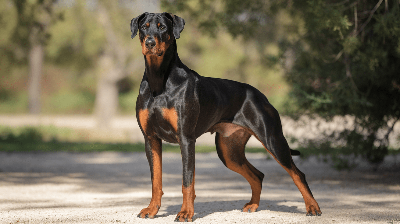 Doberman Pinscher mixed with Rottweiler (Rotterman) standing alertly, displaying muscular build and black and rust coat