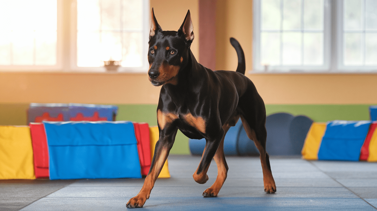 Rotterman dog focused on agility training in an indoor facility