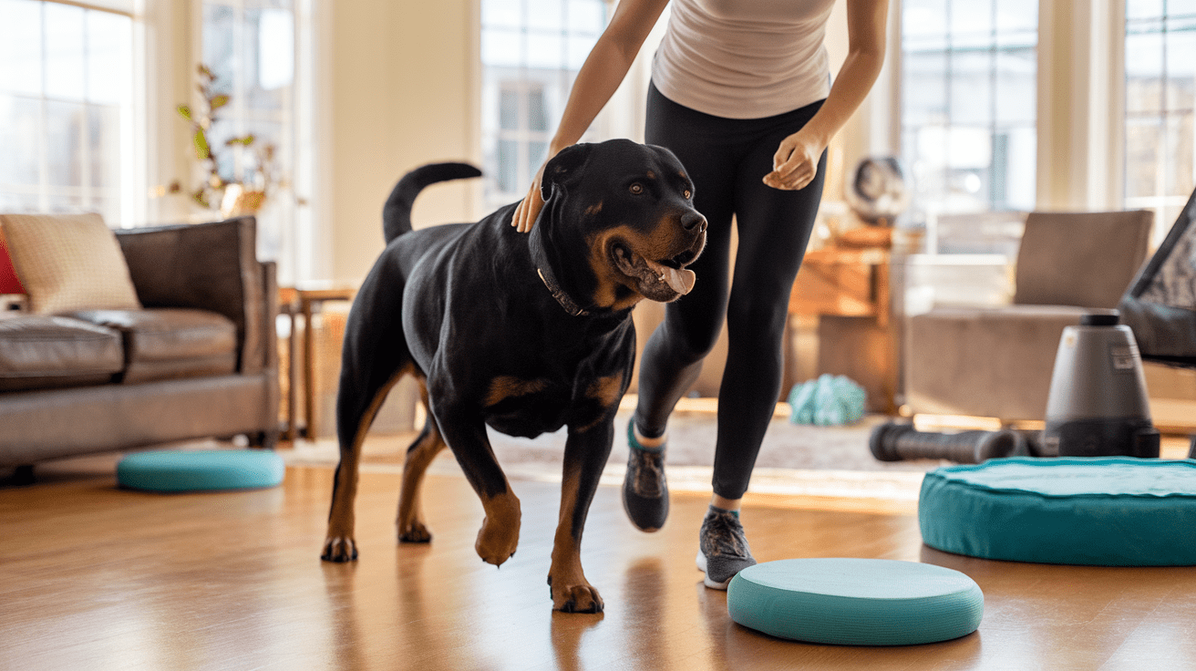 Rottweiler and owner exercising together in a living room setting