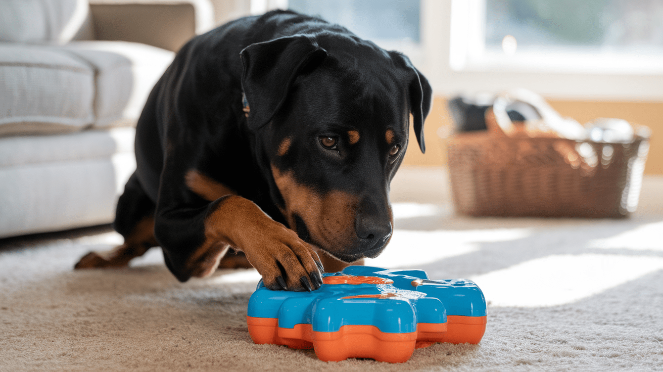 Rottweiler solving a puzzle toy in a living room setting