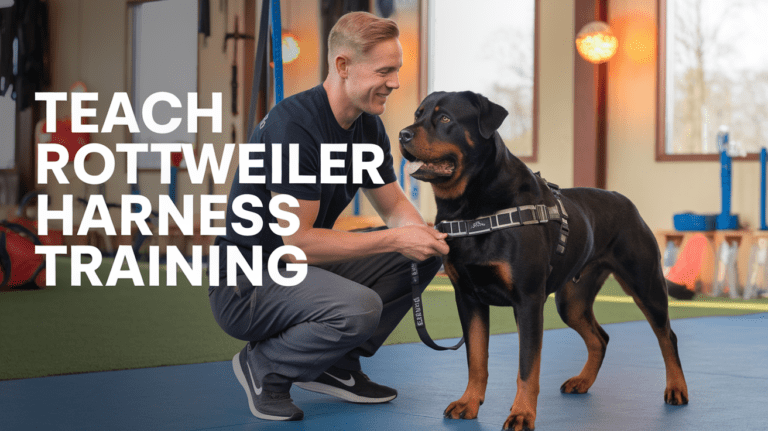 Dog trainer demonstrating harness fitting to calm Rottweiler in training facility