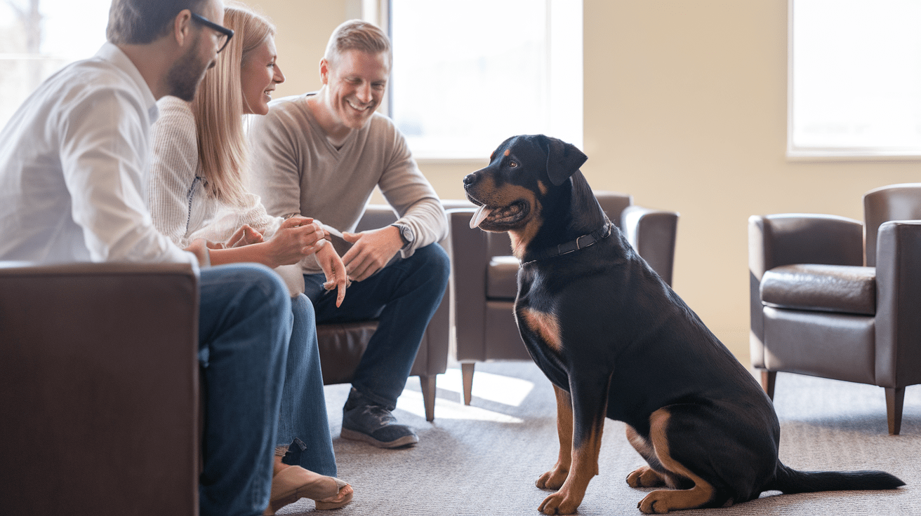 Family meeting a rescue Rottweiler in a shelter's meeting room