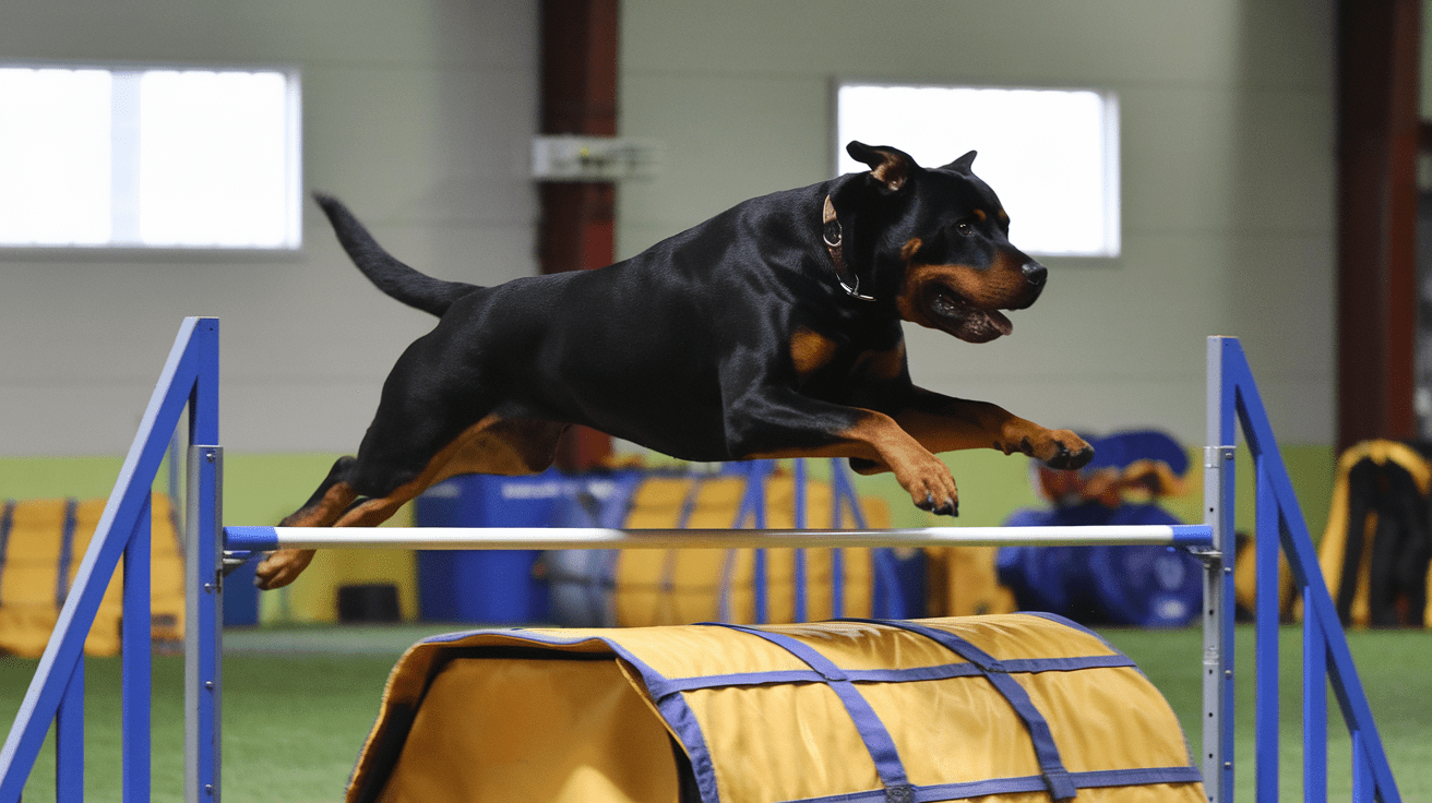 Rottweiler jumping over an agility obstacle at a training event