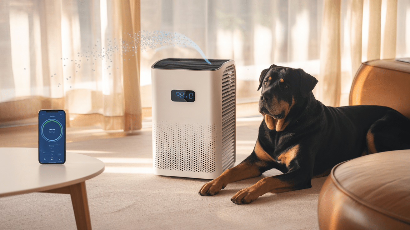 Rottweiler lounging beside modern air purifier in clean living room with air quality monitor nearby