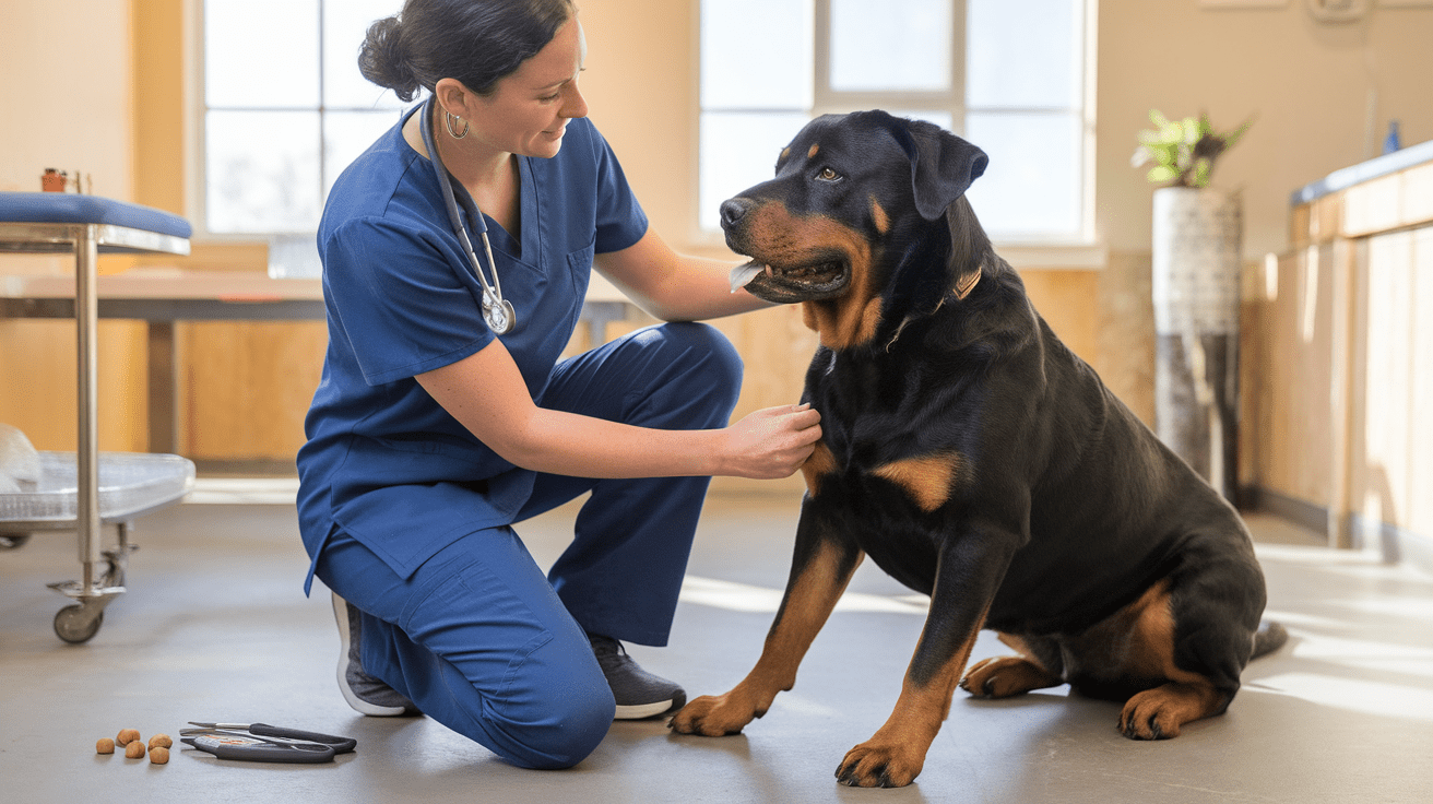 Veterinarian performing behavioral assessment on a rescue Rottweiler in a shelter setting