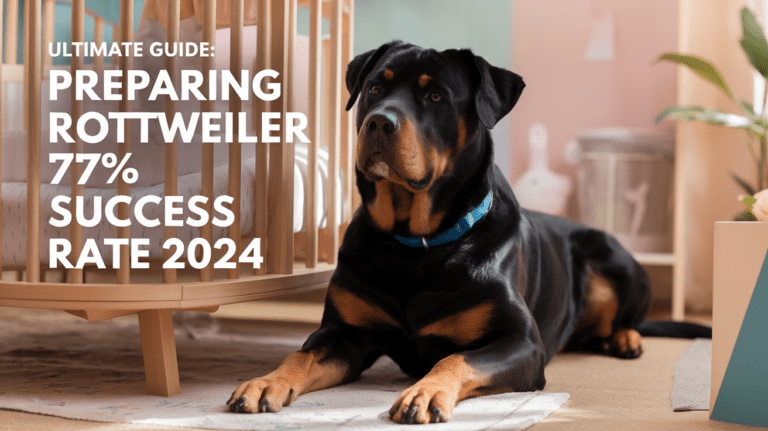 Rottweiler sitting beside baby crib in nursery with guide title text overlay