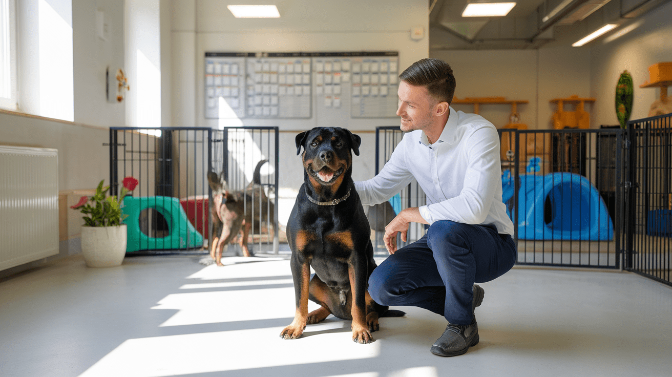 Professional Rottweiler breeder showing facility to family while adult Rottweiler sits nearby