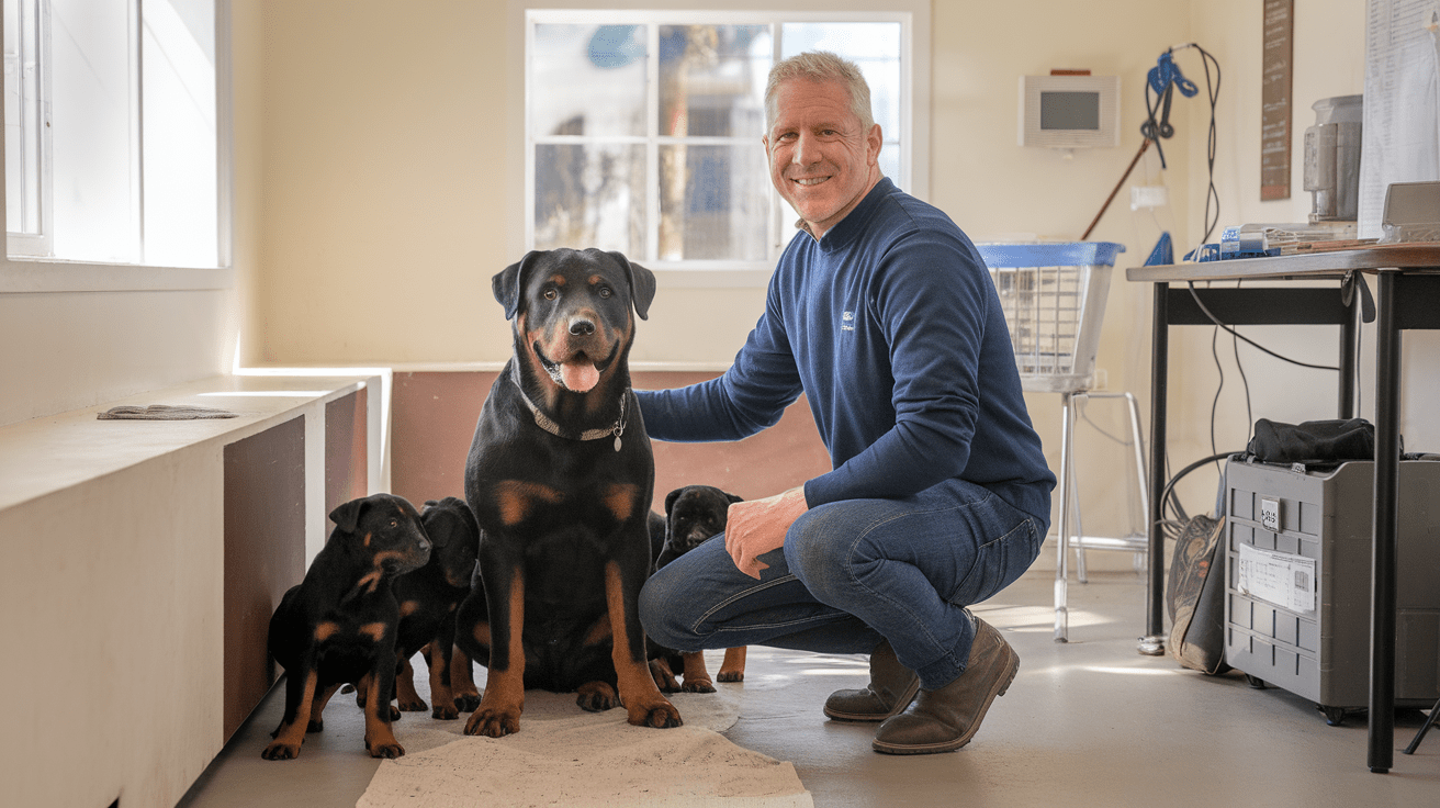 Professional Rottweiler breeder with mother dog and puppies in a clean California breeding facility