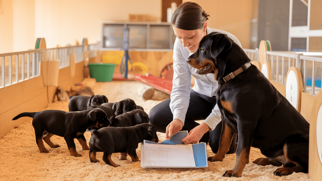 Veterinarian inspecting a clean, professional Rottweiler breeding facility