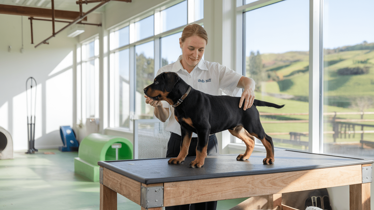 Professional Rottweiler breeder examining a puppy in a clean, modern facility