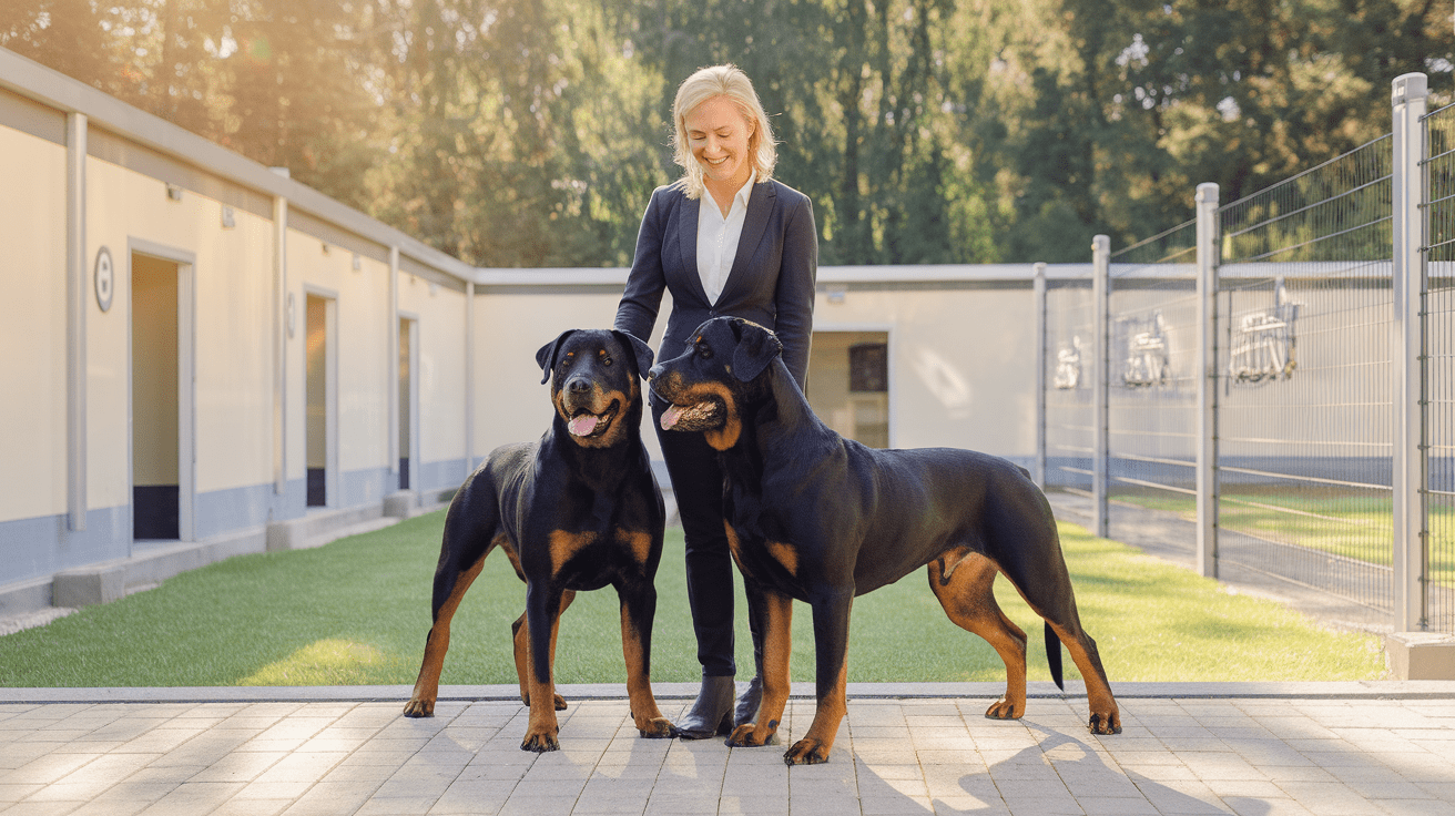 Professional Rottweiler breeder interacting with two adult Rottweilers at a clean, modern kennel facility