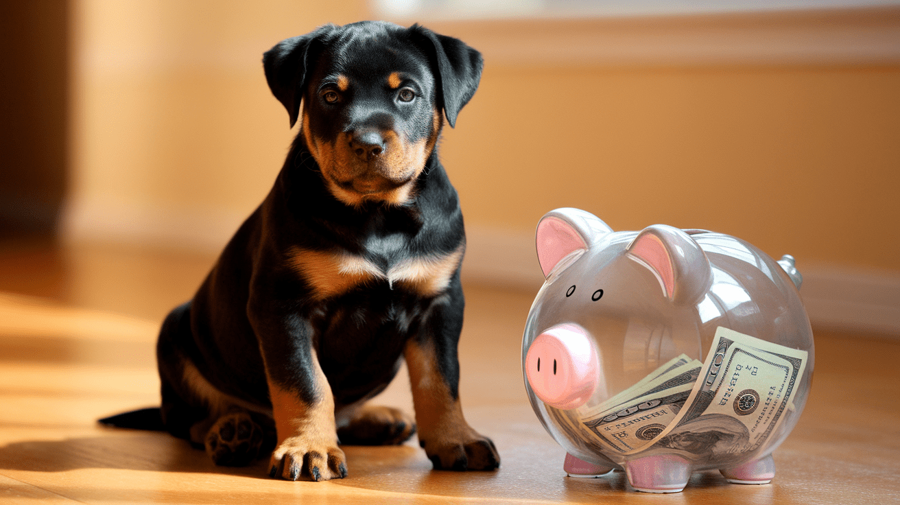 Rottweiler puppy sitting beside a clear piggy bank containing dollar bills