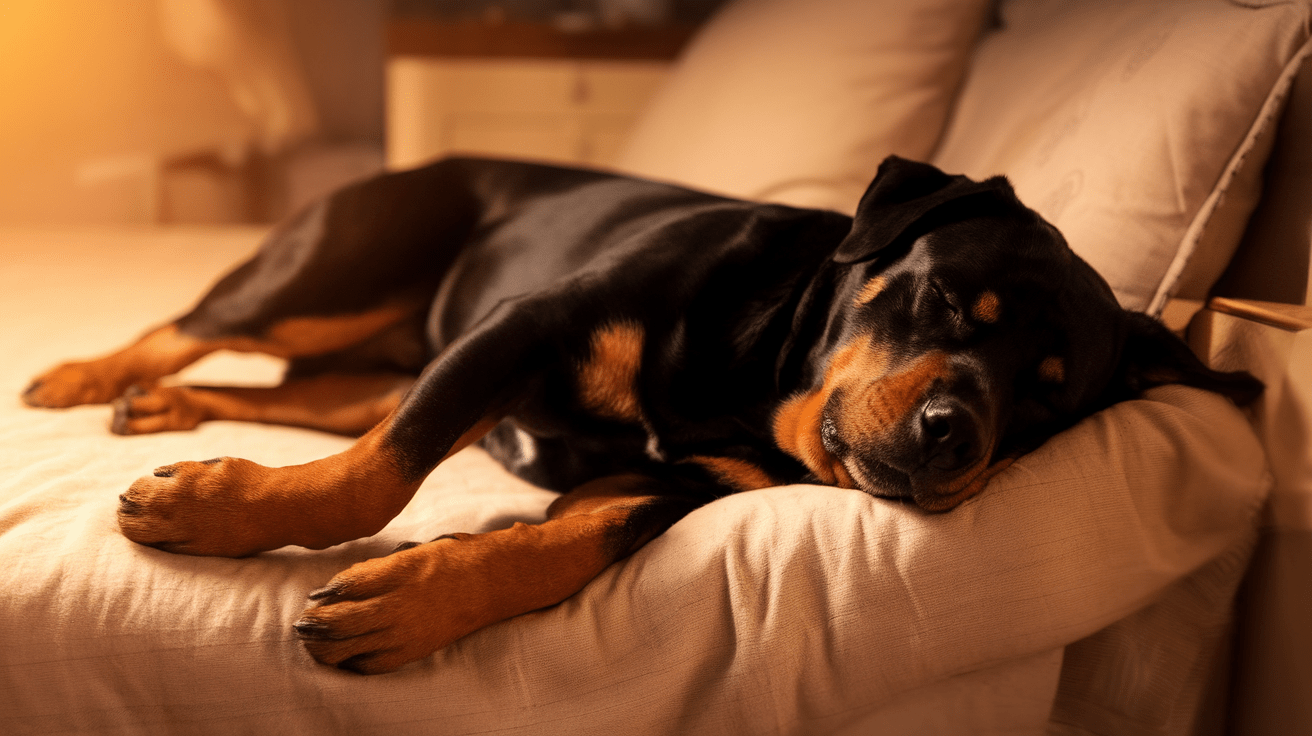 Sleeping Rottweiler dog displaying dreaming behaviors on a comfortable bed