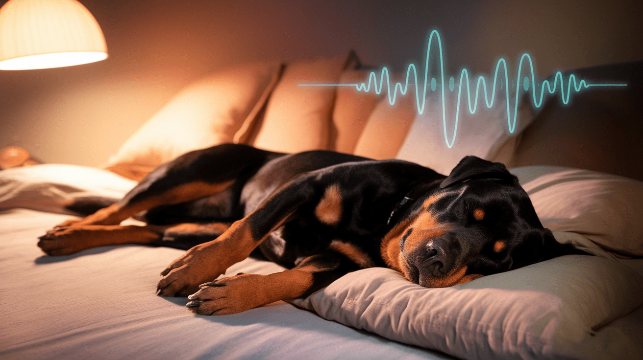 Do Rottweilers dream - A sleeping Rottweiler displaying signs of REM sleep with visible eye movement and twitching paws, while brain wave patterns hover above