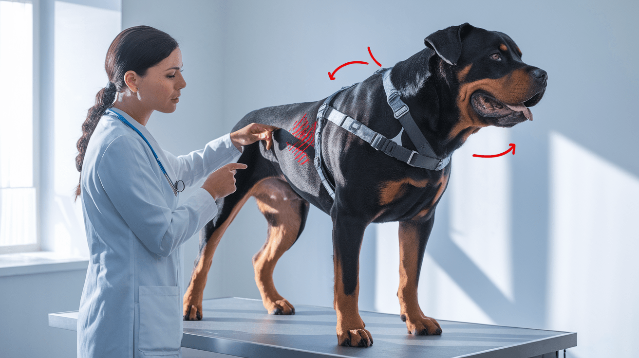 Rottweiler harness problems shown by veterinarian pointing out ill-fitting areas on a traditional harness