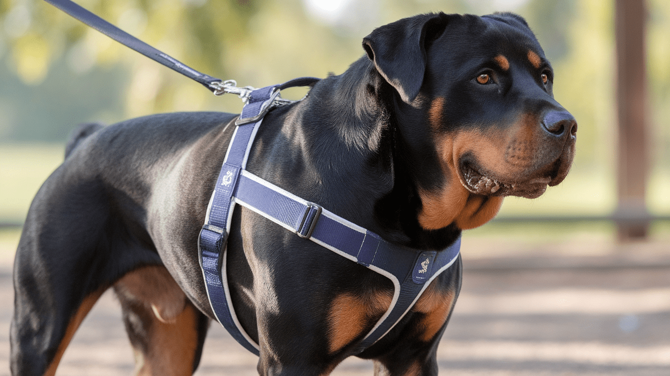 Rottweiler wearing a properly fitted Y-shaped harness with safety features