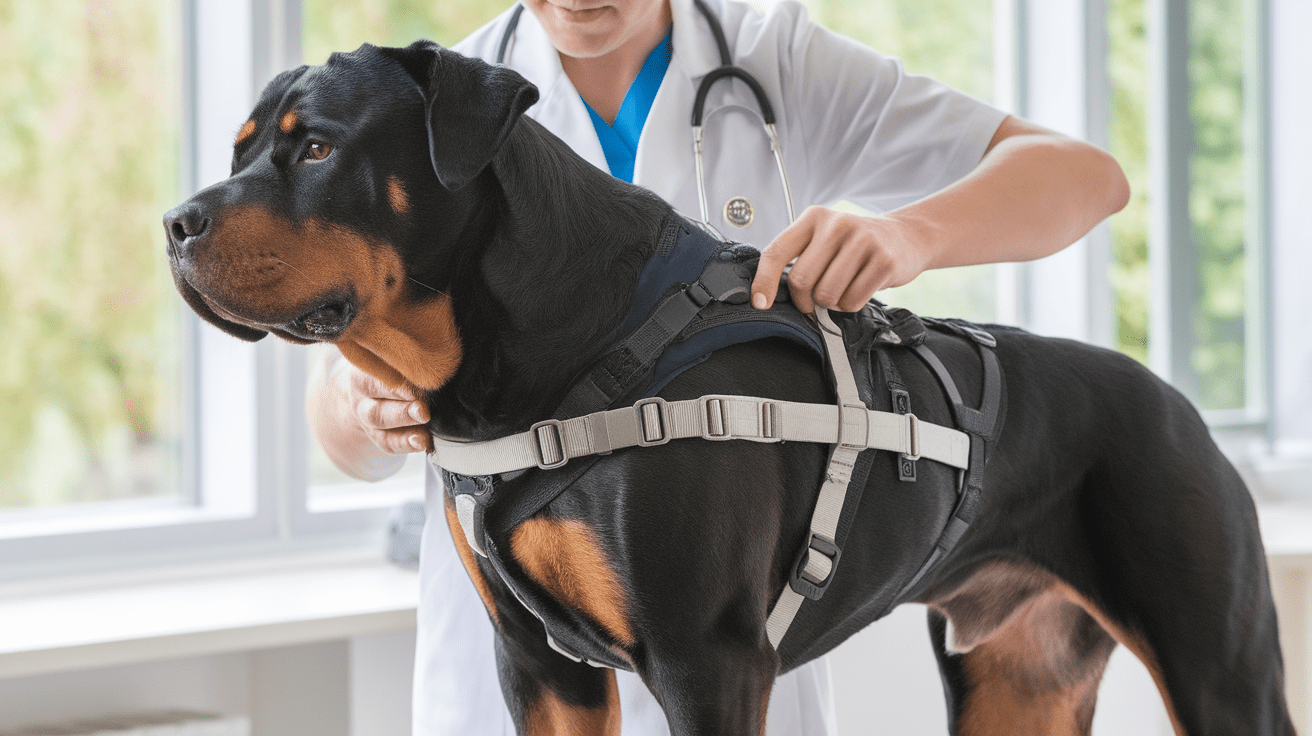 How to pick a harness for Rottweilers: Veterinarian demonstrating proper harness fitting on a muscular Rottweiler in a clinical setting