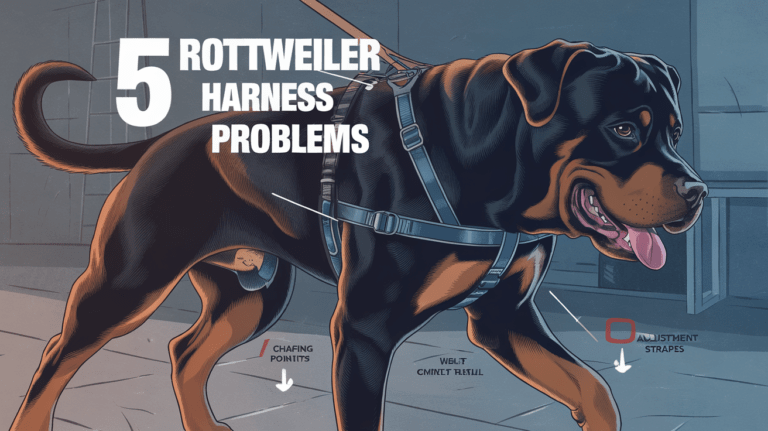 Rottweiler wearing harness with text showing common harness problems