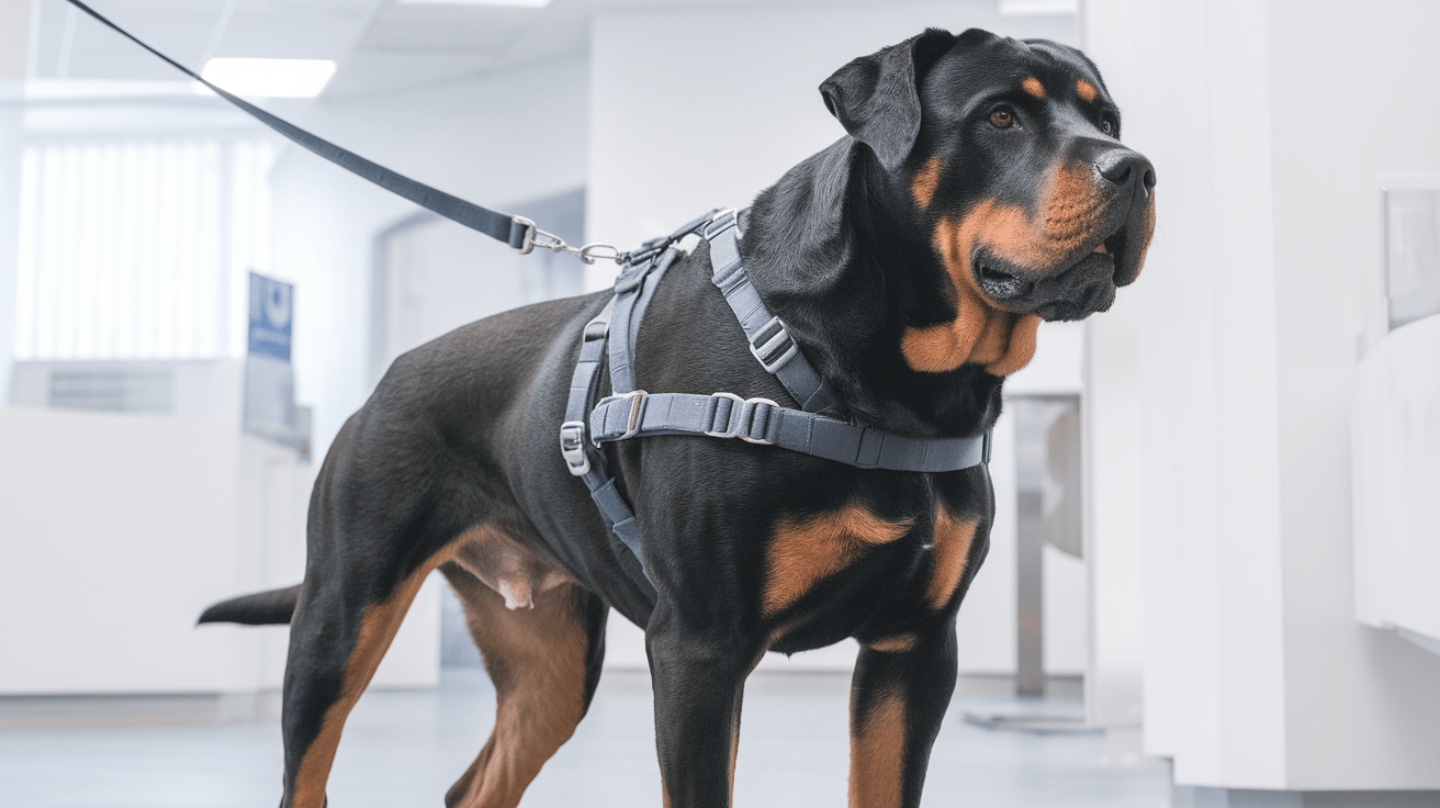 Rottweiler wearing an ill-fitting harness showing common fit problems