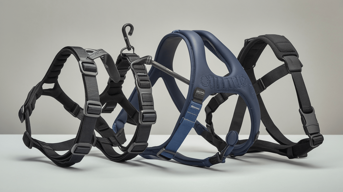 Display of four different types of dog harnesses suitable for Rottweilers, including no-pull, standard, sports, and training styles