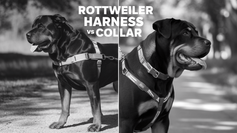 Split image comparing a Rottweiler wearing harness versus collar with text overlay