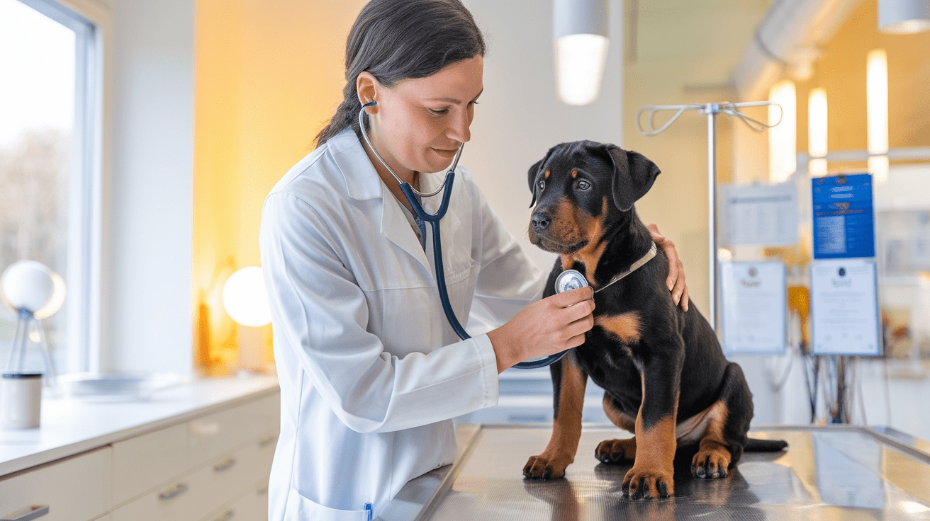 Veterinarian conducting a health examination on a Rottweiler puppy