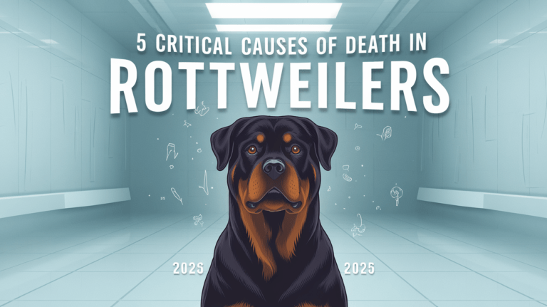 Educational illustration featuring a Rottweiler with text about critical causes of death and medical symbols