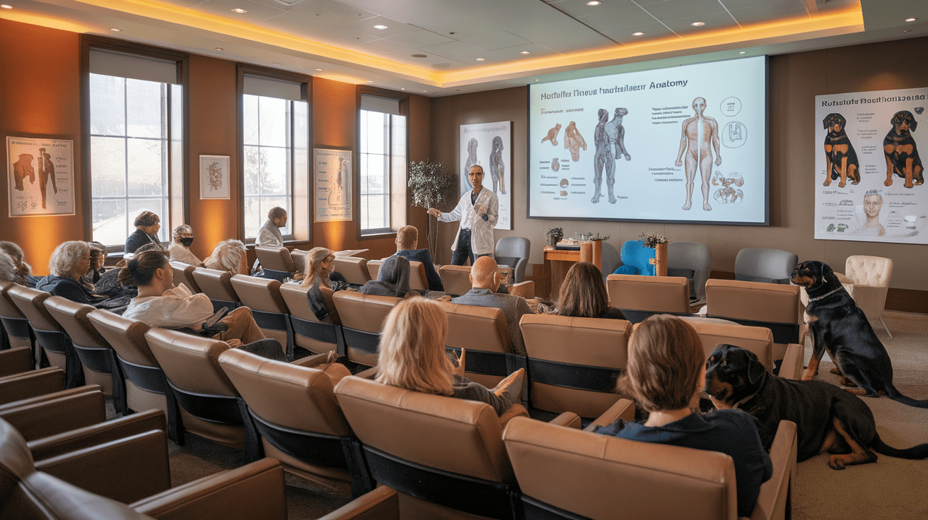 Veterinarian presenting at a Rottweiler health seminar with attendees and dogs in audience