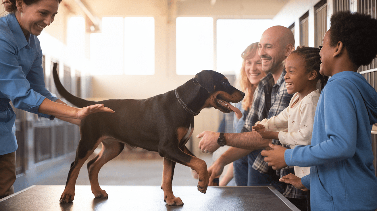 A Rottweiler-Hound mix puppy being handed to a happy family at an animal shelter