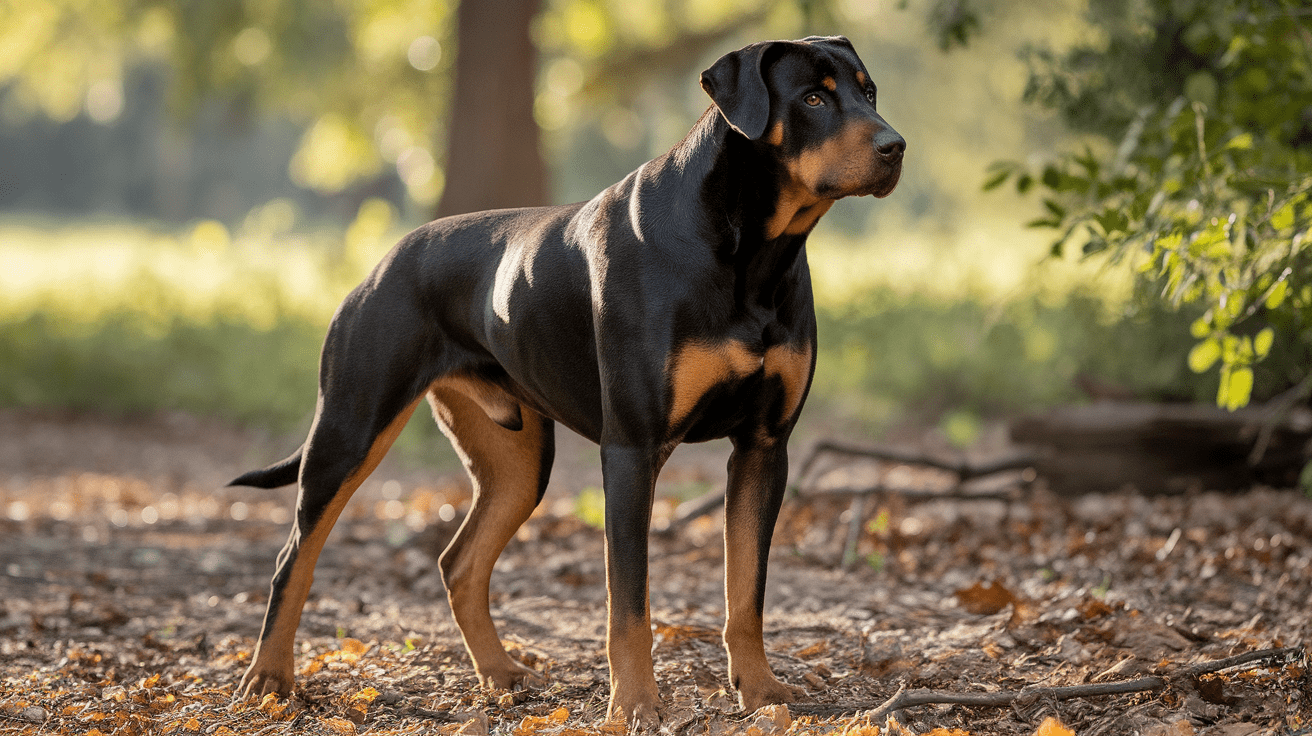 Rottweiler hound mix standing alert in a wooded area, showing distinctive features of both breeds