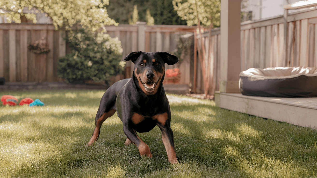 Rottweiler Hound mix dog playing in a fenced backyard with toys