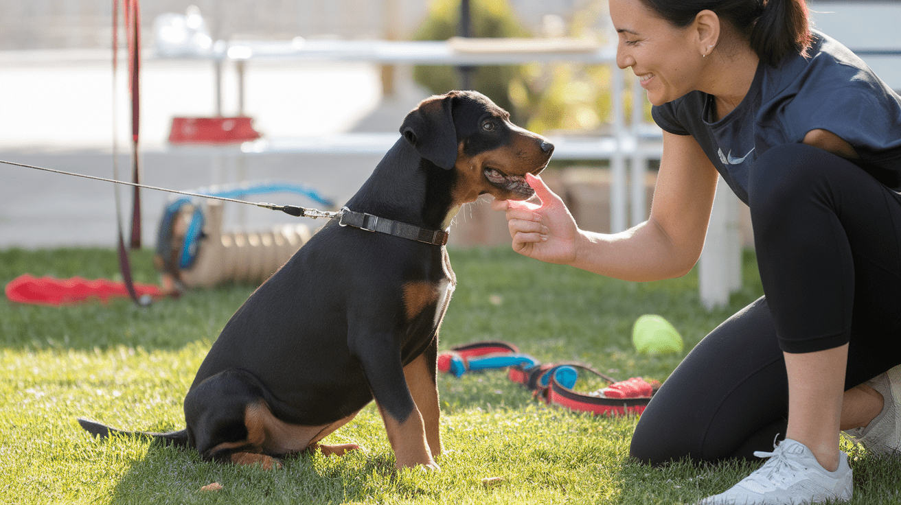 Dog trainer working with Rottweiler-Hound mix puppy during a positive reinforcement training session