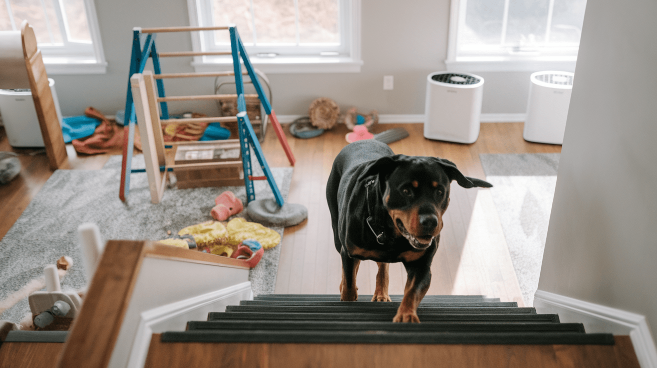 Rottweiler exercising indoors with various activity stations including stairs and obstacle course