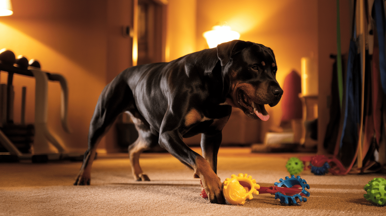 Indoor Exercise Ideas for Rottweilers: January 2025 - An adult Rottweiler playing with interactive toys in a well-lit living room while exercising with their owner