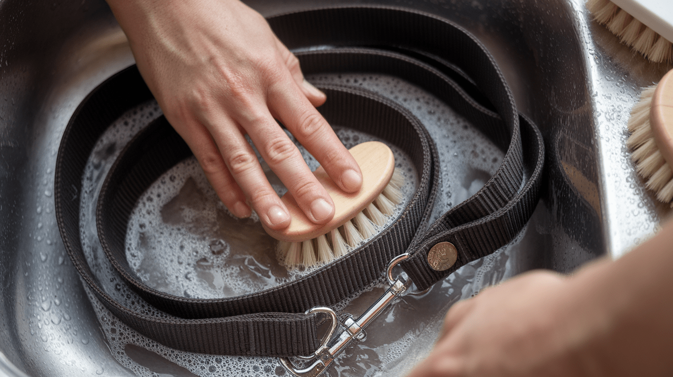 Clean and Maintain Your Rottweiler's Leash - Hands washing a dog leash in sink with cleaning supplies visible