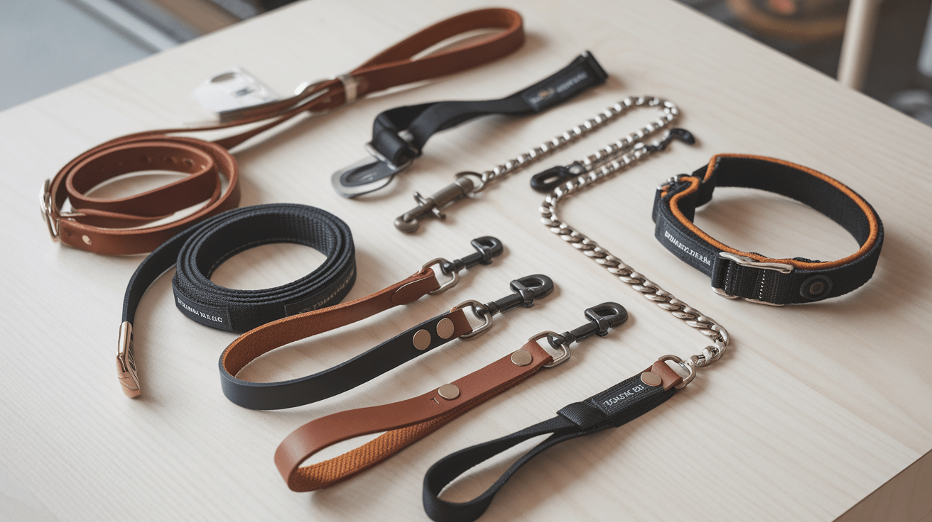 Various types of Rottweiler leashes and training equipment displayed on wooden surface