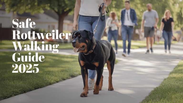 Rottweiler and owner demonstrating proper leash walking technique with text overlay about safe walking guide