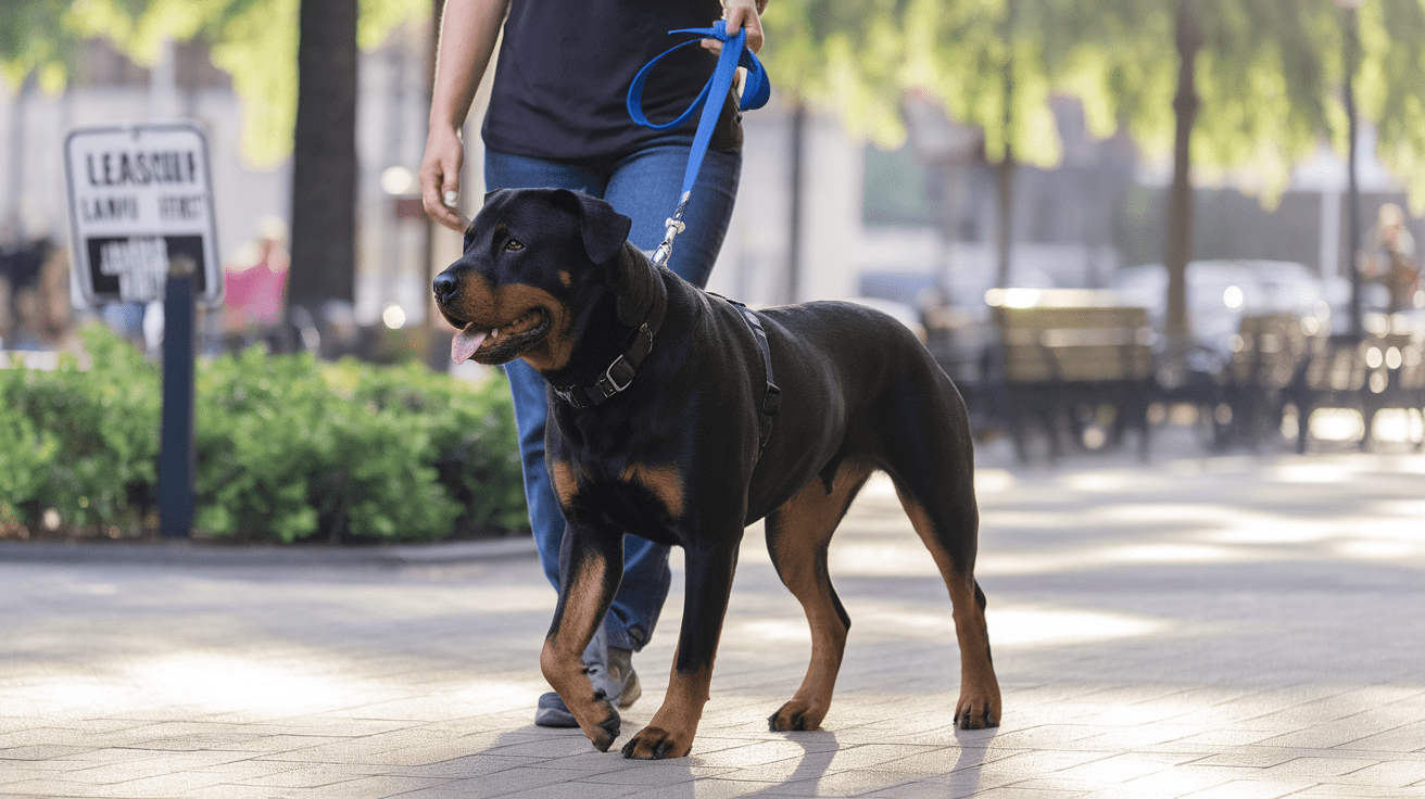 Rottweiler leash laws illustrated by a well-behaved Rottweiler walking on leash in park with leash law signage