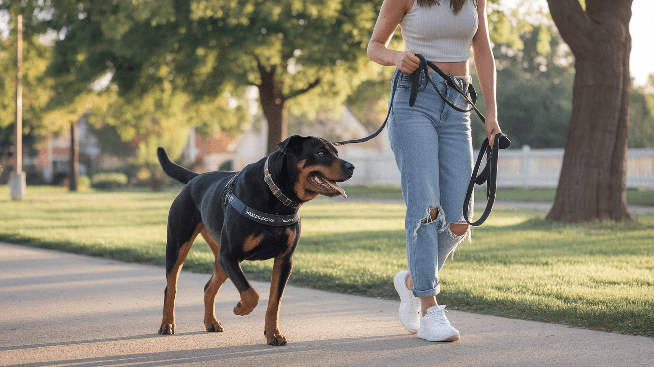 Dog trainer demonstrating proper leash training technique with a Rottweiler