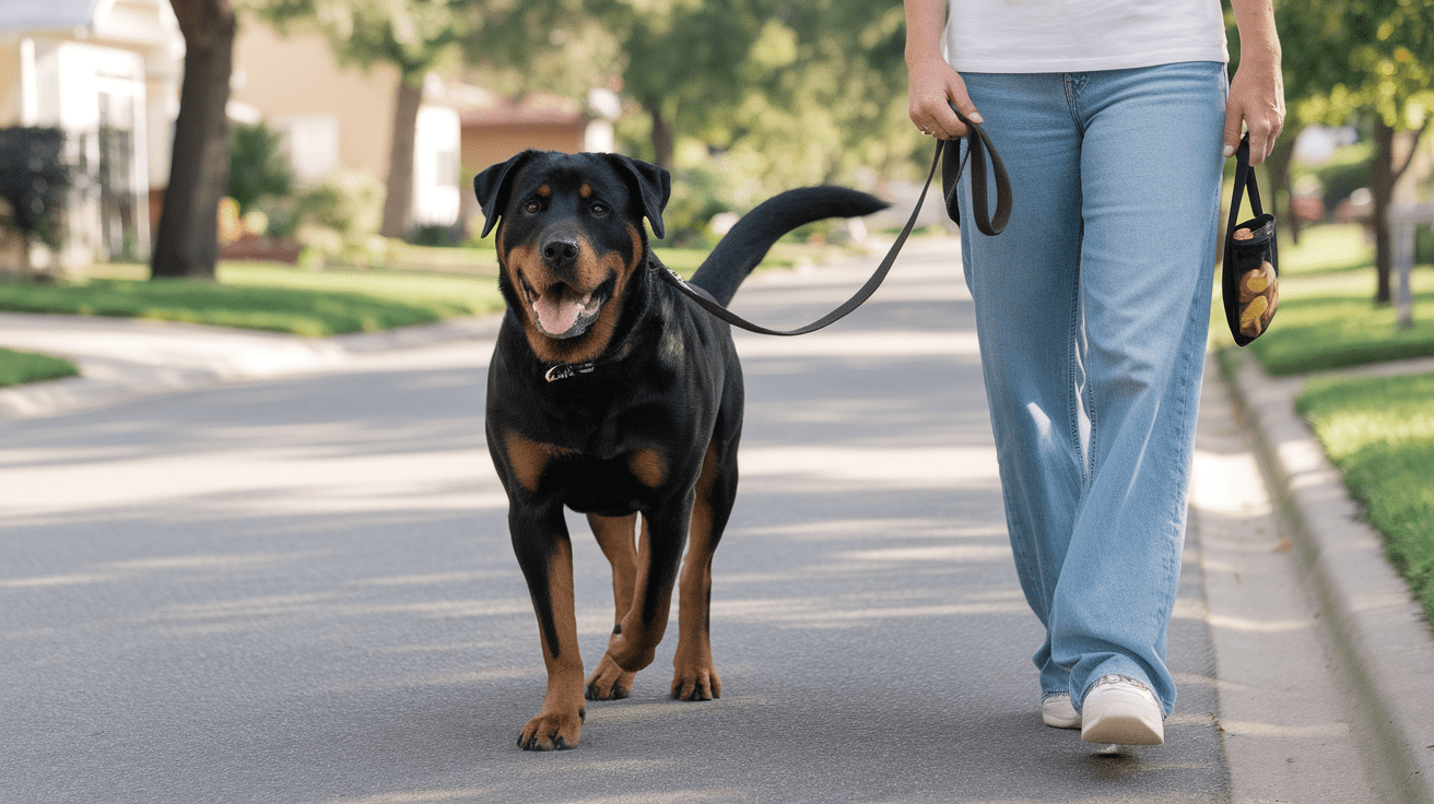 Rottweiler walking calmly beside owner on loose leash in suburban setting