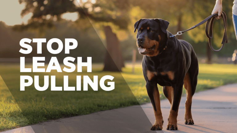 Rottweiler walking calmly on leash next to owner with text overlay about stopping leash pulling