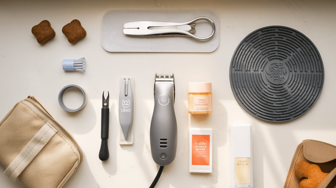 Professional dog nail trimming tools and supplies arranged on a white surface, including clippers, safety supplies, and treats