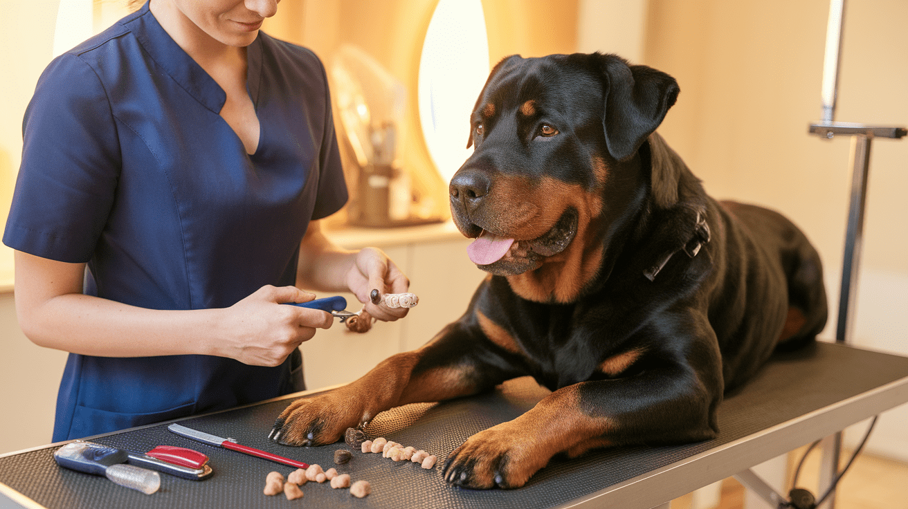 Professional demonstrating positive nail trimming techniques with a relaxed Rottweiler