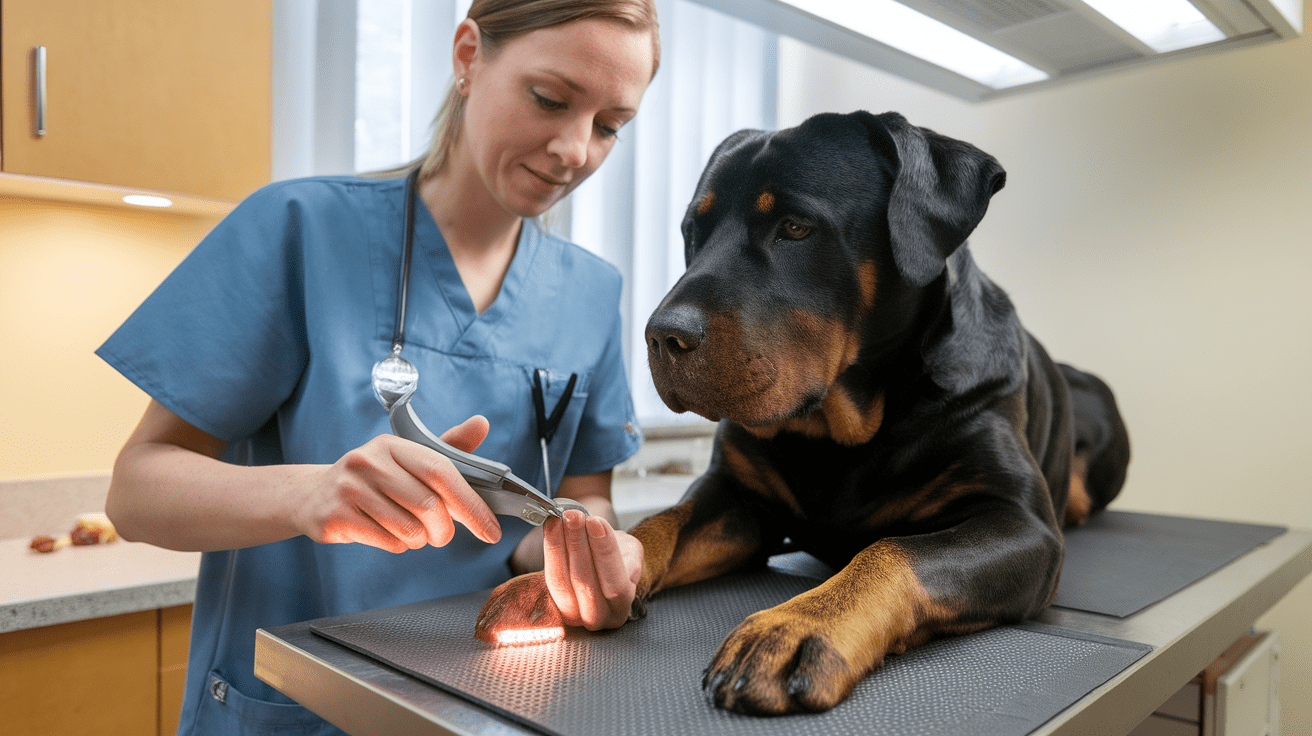 Veterinarian trimming a Rottweiler's black nails while using an LED light to identify the quick