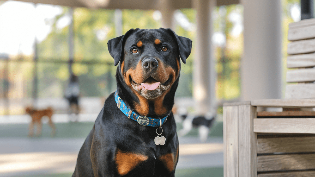 Friendly Rottweiler wearing a name tag sitting in a sunny dog park