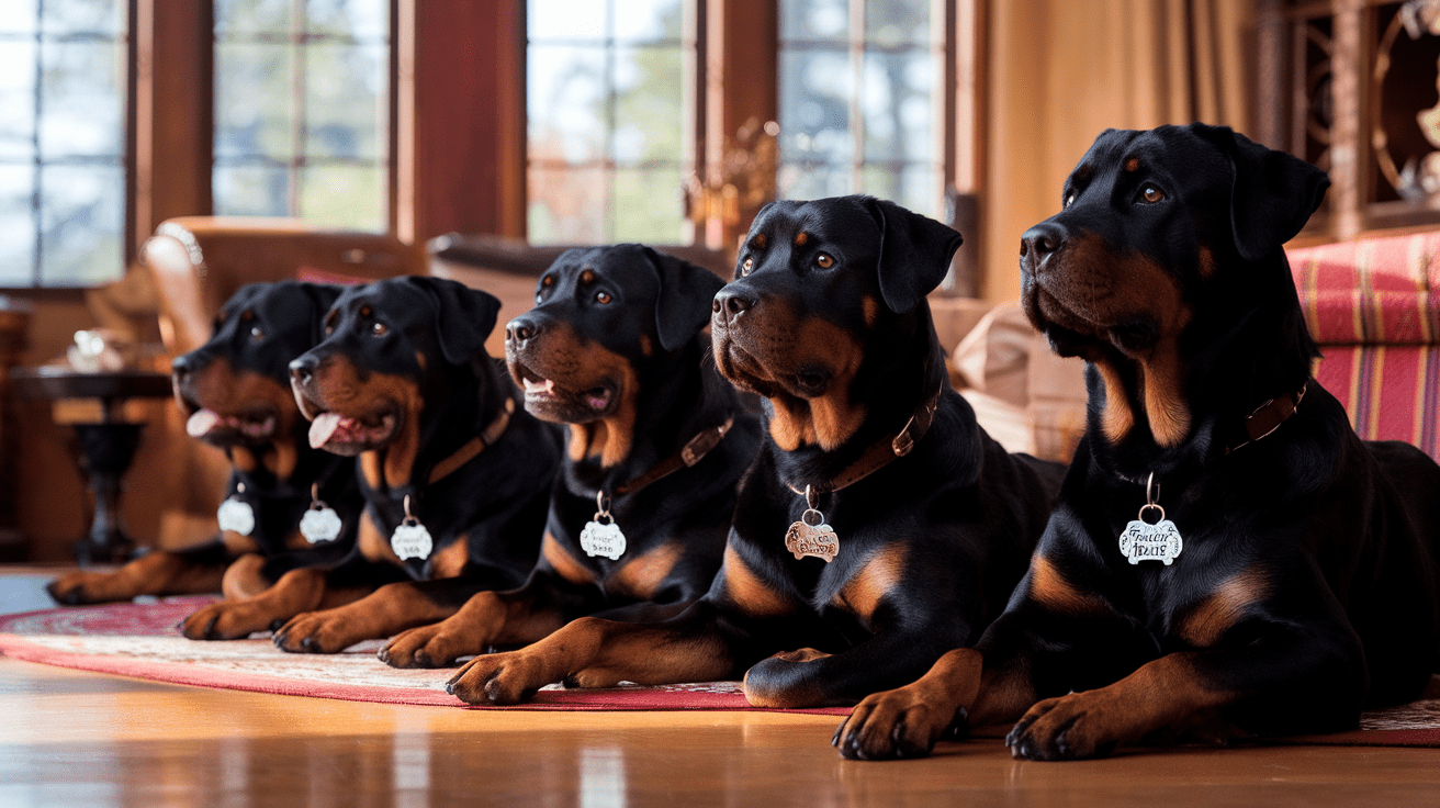 rottweiler dog names displayed on collars of three majestic Rottweilers sitting together in a home setting